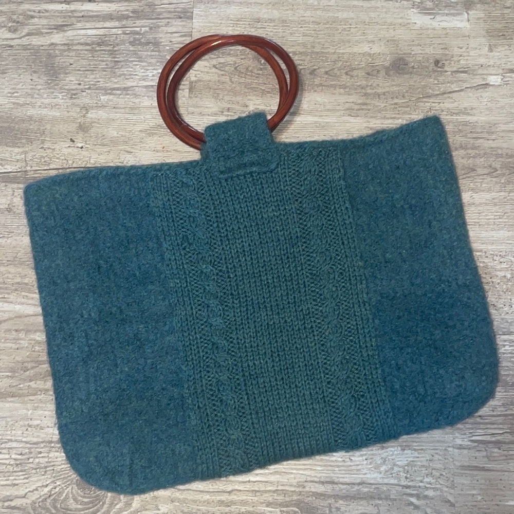 Green woven Purse with Wooden handles